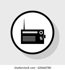 Radio sign illustration. Vector. Flat black icon in white circle with shadow at gray background.