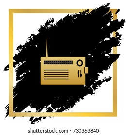 Radio sign illustration. Vector. Golden icon at black spot inside golden frame on white background.