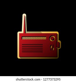 Radio sign illustration. Vector. Red icon with small black and limitless shadows at golden sticker on black background.