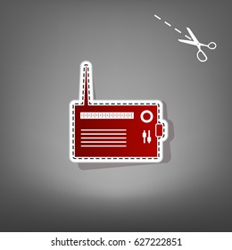 Radio sign illustration. Vector. Red icon with for applique from paper with shadow on gray background with scissors.