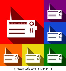 Radio sign illustration. Vector. Set of icons with flat shadows at red, orange, yellow, green, blue and violet background.