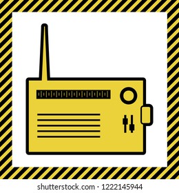 Radio sign illustration. Vector. Warm yellow icon with black contour in frame named as under construction at white background. Isolated.