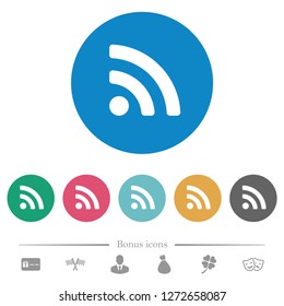 Radio signal flat white icons on round color backgrounds. 6 bonus icons included.