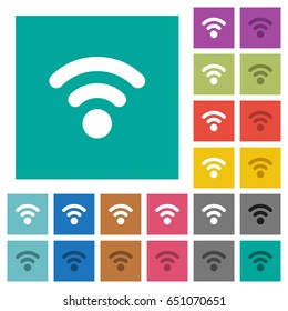 Radio signal multi colored flat icons on plain square backgrounds. Included white and darker icon variations for hover or active effects.