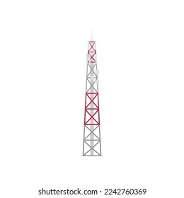 Radio signal station. Red and white radio tower cartoon illustration. Telecommunication concept