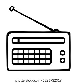 Radio. Sketch. A device for broadcasting radio waves through a speaker. Vector illustration. Doodle style. A device with an antenna and a regulator for finding a frequency. Idea for web design.