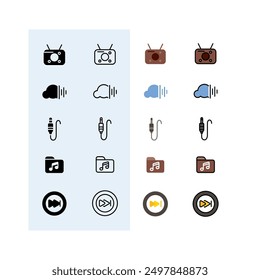 radio, sound cloud, jack, music folder, next button, Audio, Music and Sound Line Icon Set