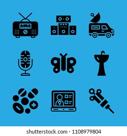 radio, sound system, pills, sink, syringe, van, microphone, butterfly and laptop vector icon. Simple icons set