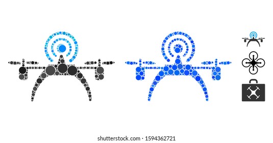Radio source drone mosaic of round dots in various sizes and shades, based on radio source drone icon. Vector round dots are organized into blue mosaic.