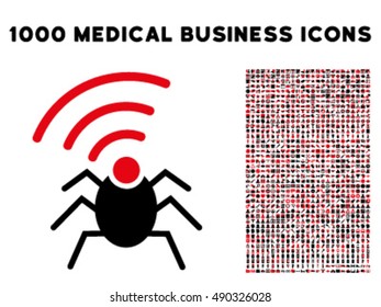 Radio Spy Bug icon with 1000 medical business intensive red and black vector pictographs. Collection style is flat bicolor symbols, white background.