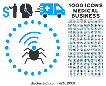 Radio Spy Bug icon with 1000 medical commercial gray and blue vector pictograms. Clipart style is flat bicolor symbols, white background.