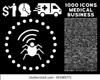Radio Spy Bug icon with 1000 medical commerce white vector design elements. Clipart style is flat symbols, black background.
