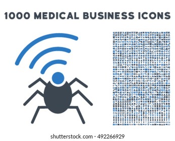 Radio Spy Bug icon with 1000 medical business smooth blue vector design elements. Set style is flat bicolor symbols, white background.
