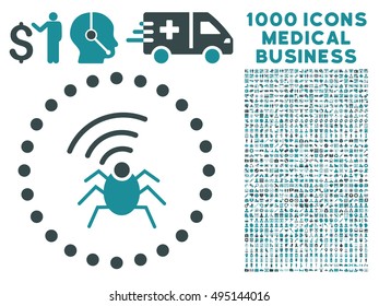 Radio Spy Bug icon with 1000 medical business soft blue vector pictograms. Clipart style is flat bicolor symbols, white background.