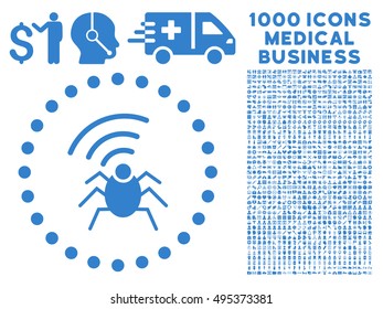 Radio Spy Bug icon with 1000 medical commercial cobalt vector pictographs. Set style is flat symbols, white background.