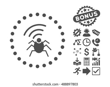Radio Spy Bug icon with bonus elements. Vector illustration style is flat iconic symbols, gray color, white background.
