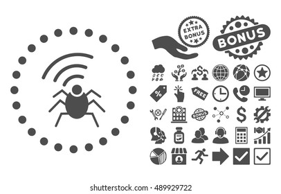 Radio Spy Bug icon with bonus pictogram. Vector illustration style is flat iconic symbols, gray color, white background.