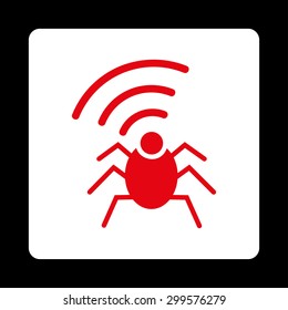 Radio spy bug icon. Vector style is red and white colors, flat rounded square button on a black background.