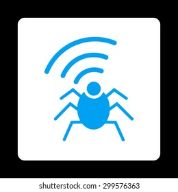 Radio spy bug icon. Vector style is blue and white colors, flat rounded square button on a black background.