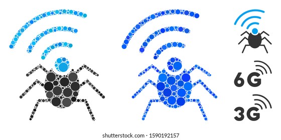 Radio spy bug mosaic of small circles in different sizes and shades, based on radio spy bug icon. Vector small circles are united into blue mosaic.