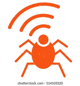 Radio Spy Bug rubber seal stamp watermark. Icon vector symbol with grunge design and corrosion texture. Scratched orange ink sticker on a white background.