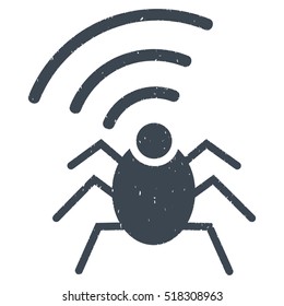 Radio Spy Bug rubber seal stamp watermark. Icon vector symbol with grunge design and corrosion texture. Scratched smooth blue ink emblem on a white background.