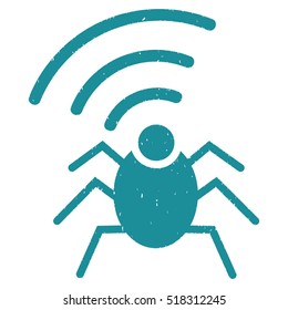Radio Spy Bug rubber seal stamp watermark. Icon vector symbol with grunge design and dust texture. Scratched soft blue ink sticker on a white background.