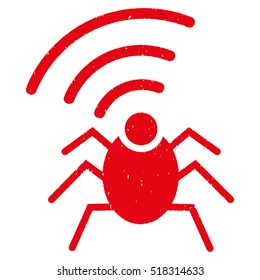 Radio Spy Bug rubber seal stamp watermark. Icon vector symbol with grunge design and corrosion texture. Scratched red ink sticker on a white background.