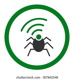 Radio spy bug vector icon. This rounded flat symbol is drawn with green and gray colors on a white background.