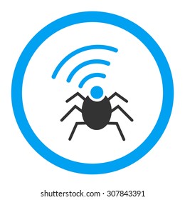 Radio spy bug vector icon. This rounded flat symbol is drawn with blue and gray colors on a white background.