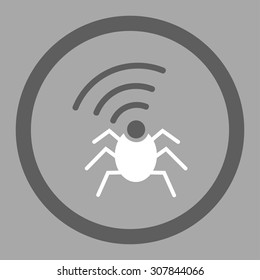 Radio spy bug vector icon. This rounded flat symbol is drawn with dark gray and white colors on a silver background.