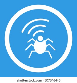 Radio spy bug vector icon. This rounded flat symbol is drawn with white color on a blue background.