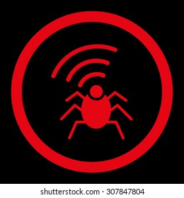 Radio spy bug vector icon. This rounded flat symbol is drawn with red color on a black background.