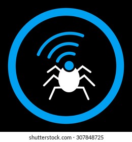 Radio spy bug vector icon. This rounded flat symbol is drawn with blue and white colors on a black background.