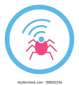 Radio spy bug vector icon. This rounded flat symbol is drawn with pink and blue colors on a white background.