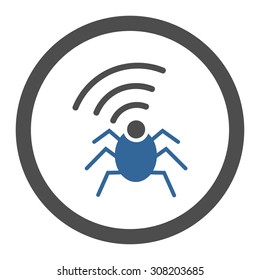 Radio spy bug vector icon. This rounded flat symbol is drawn with cobalt and gray colors on a white background.