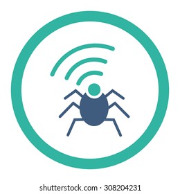 Radio spy bug vector icon. This rounded flat symbol is drawn with cobalt and cyan colors on a white background.