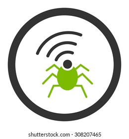 Radio spy bug vector icon. This rounded flat symbol is drawn with eco green and gray colors on a white background.