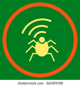 Radio Spy Bug vector icon. Style is bicolor flat circled symbol, orange and yellow colors, rounded angles, green background.