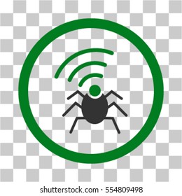 Radio Spy Bug vector pictograph. Illustration style is flat iconic bicolor green and gray rounded symbol on a transparent background.