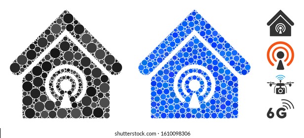 Radio station composition of small circles in various sizes and color tinges, based on radio station icon. Vector filled circles are grouped into blue composition.