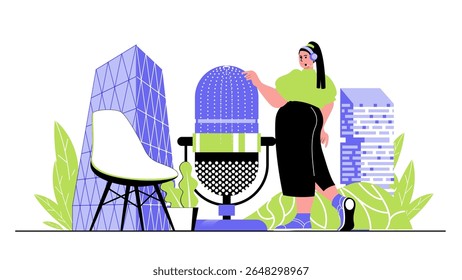 Concepto de estación de radio para el Diseño web moderno. Personas trabaja como presentadora en programas de radio, hablando por micrófono, transmitiendo y transmitiendo. Ilustración vectorial plana aislada sobre fondo blanco.