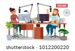 Radio Station DJ Man And Woman Vector. Broadcasting On Modern Radio Station Studio. Speak Into The Microphone. Journalist On Air. Broadcasting. Isolated Flat Cartoon Illustration