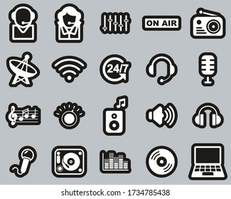 Radio Station & Radio Equipment Icons White On Black Sticker Set Big