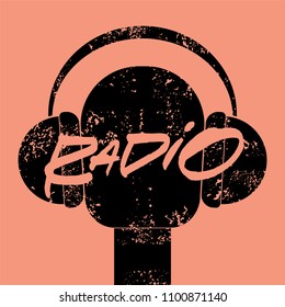 Radio station handwritten lettering vintage grunge poster with microphone and headphones. Retro vector illustration.