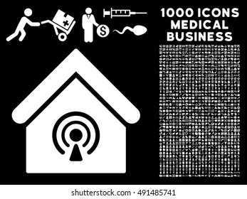 Radio Station icon with 1000 medical business white vector pictograms. Set style is flat symbols, black background.