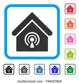 Radio Station icon. Flat grey pictogram symbol inside a blue rounded rectangle. Black, gray, green, blue, red, orange color versions of Radio Station vector. Designed for web and app UI.