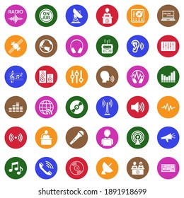 Radio Station Icons. White Flat Collection In Circle. Vector Illustration.