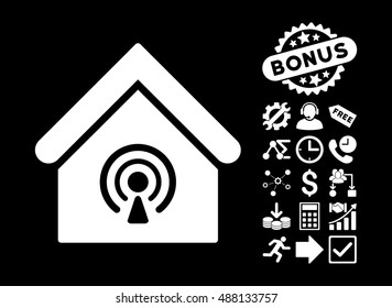 Radio Station pictograph with bonus elements. Vector illustration style is flat iconic symbols, white color, black background.