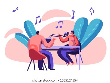 Radio Station Presenter with Microphone in Studio. Dj Jockey and Woman Host Play Music. Entertainment Broadcast for People Communication. Sound Record Horizontal Flat Cartoon Vector Illustration